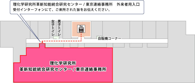 １５階。理化学研究所革新知能統合研究センター/医科学イノベーションハブ推進プログラム/東京連絡事務所 外来者用入口。受付インターフォンにて、ご来所された旨をお伝えください。